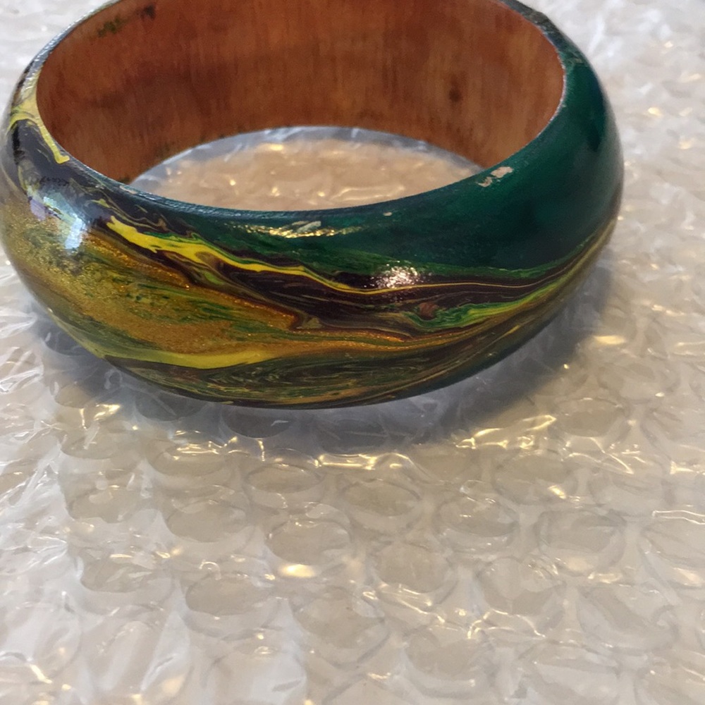 Vintage handpainted peacock wood bangle bracelet
